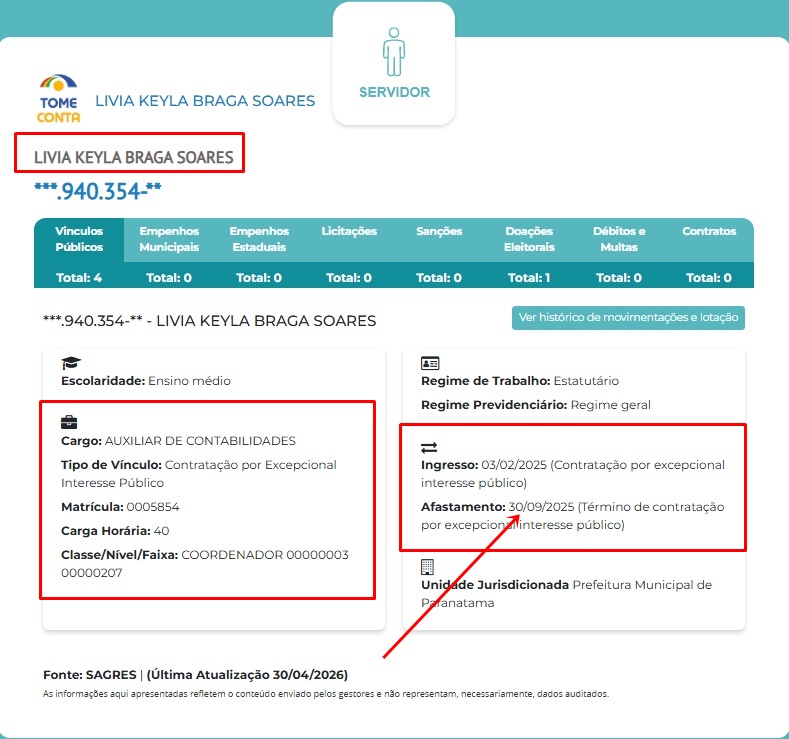 Registro do vínculo da primeira-dama de Garanhuns, Lívia Keyla Braga Soares, como auxiliar de contabilidade em Paranatama (fevereiro a setembro de 2025), no portal Tome Conta, do TCE-PE.