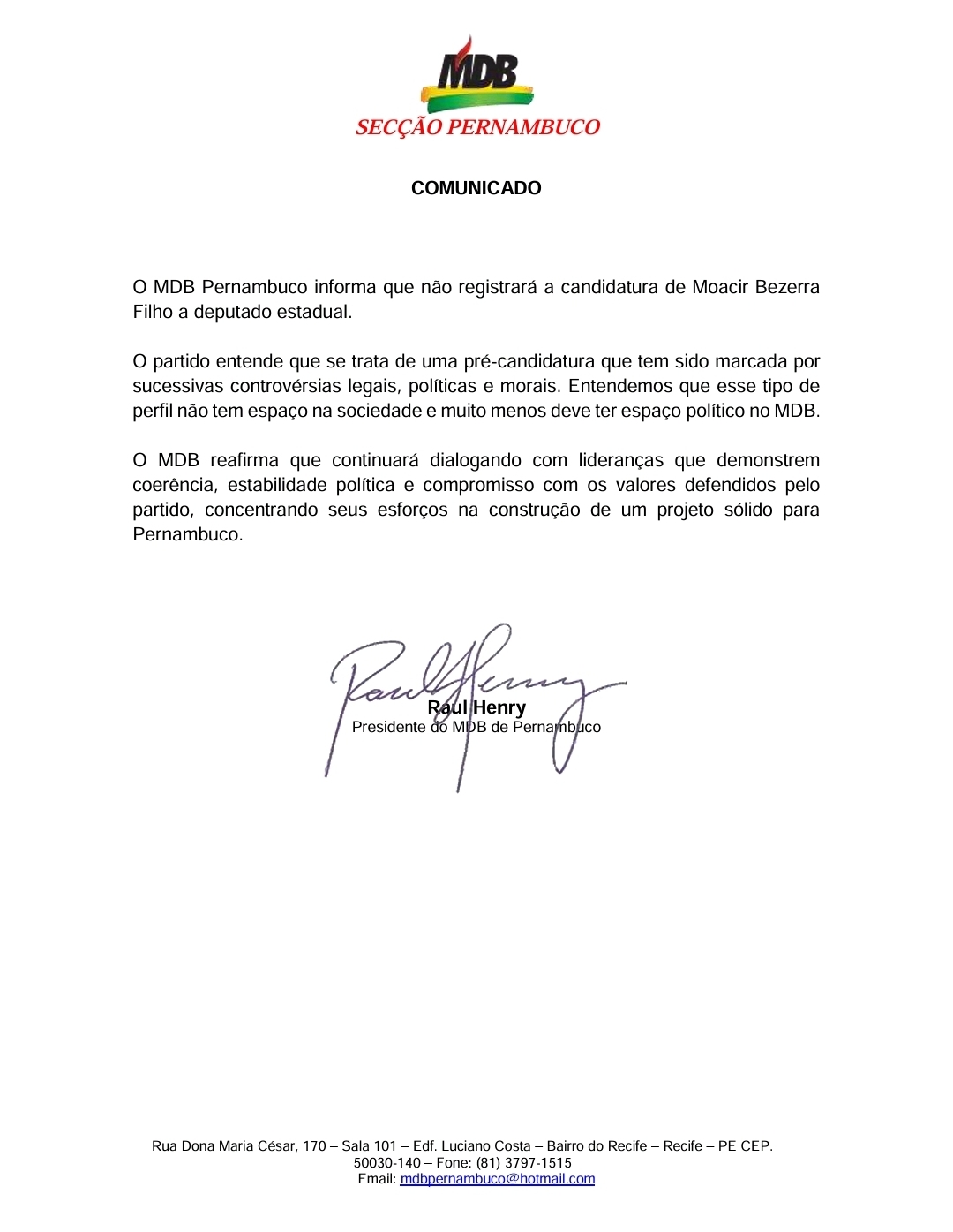 Nota oficial do MDB de Pernambuco sobre Moacir Bezerra Filho