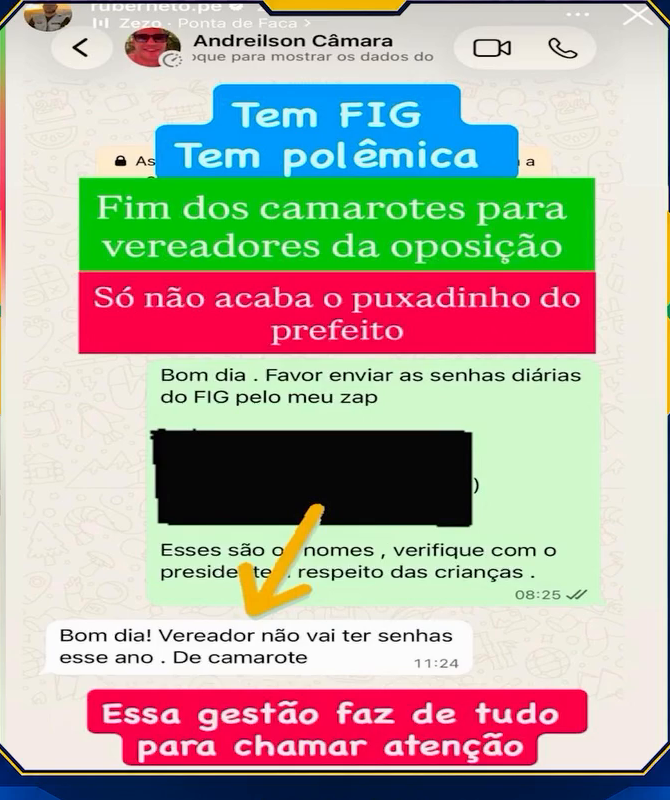 Print de conversa de WhatsApp exibido pelo vereador Thiago Paes sobre as senhas de camarote do FIG