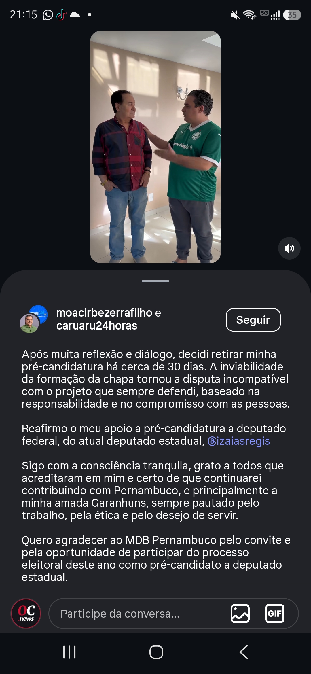 Publicação de Moacir Bezerra Filho em redes sociais