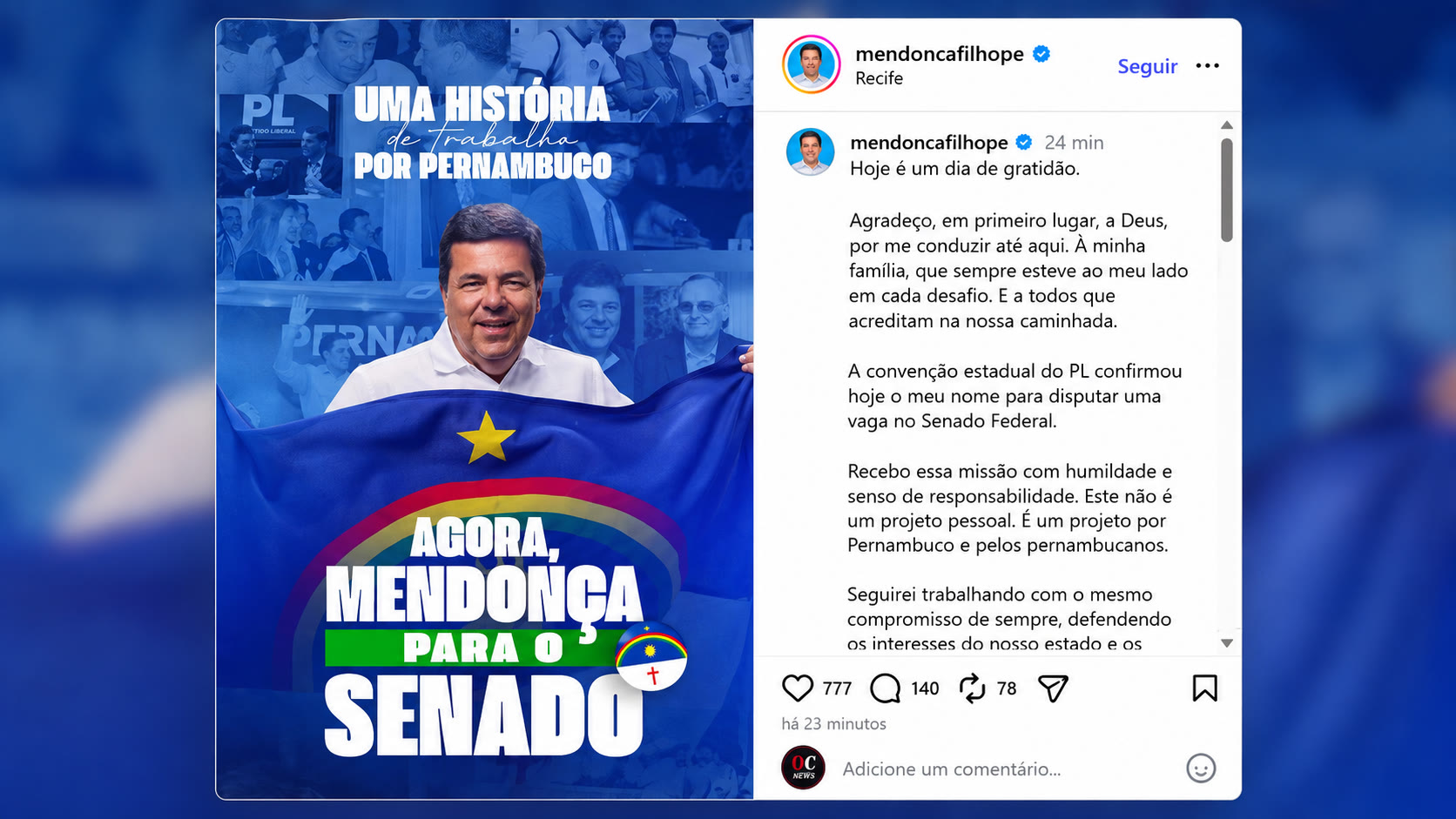Publicação oficial de Mendonça Filho afirmando que a convenção do PL confirmou sua candidatura ao Senado