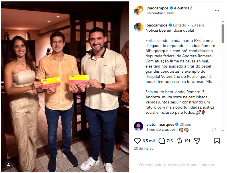 Publicação de João Campos no Instagram anunciando a chegada de Romero Albuquerque ao PSB