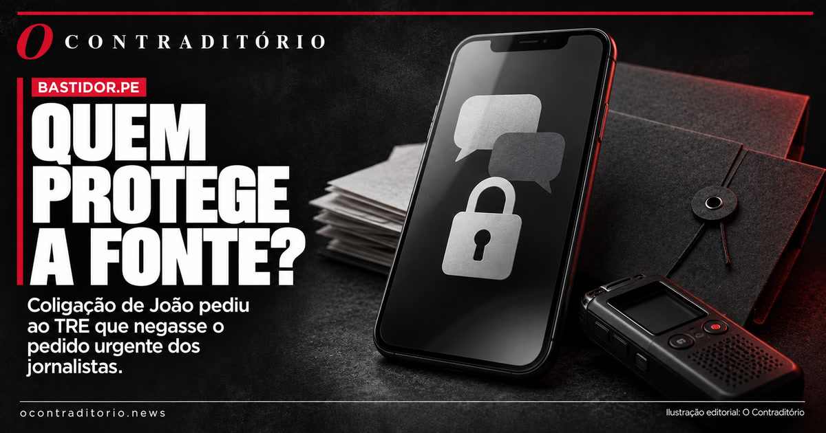Ilustração editorial de celular com cadeado fechado, balões de mensagem sem texto, documentos e gravador. Chamada: Quem protege a fonte?