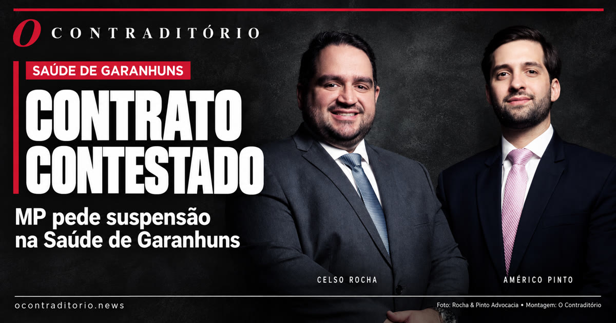 Montagem editorial com Celso Rocha e Américo Pinto, sócios da Rocha & Pinto, e a chamada Contrato contestado: MP pede suspensão na Saúde de Garanhuns.