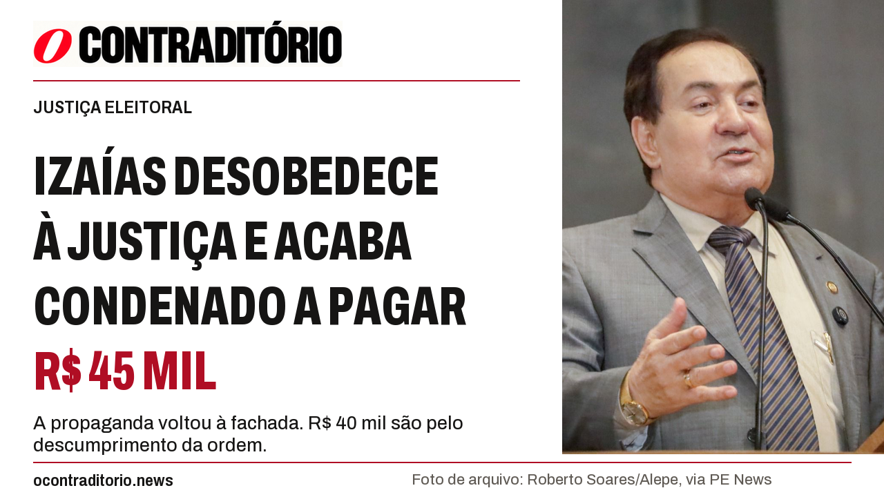 Capa editorial com retrato de arquivo de Izaías Regis e título sobre condenação de R$ 45 mil.