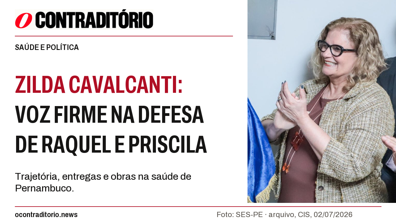 Zilda Cavalcanti sorrindo na inauguração do Centro de Inteligência em Saúde, registro de arquivo de 2 de julho de 2026. Capa: voz firme na defesa de Raquel e Priscila.