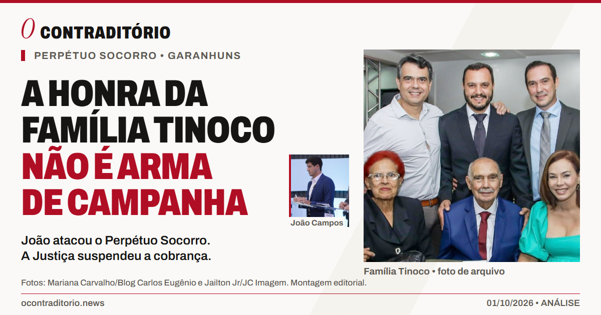 Montagem editorial: família Tinoco em foto de arquivo e João Campos no debate. Manchete: A honra da família Tinoco não é arma de campanha.