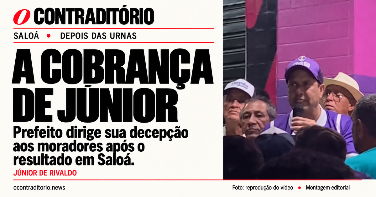Capa da matéria A cobrança de Júnior, com quadro do vídeo enviado à redação mostrando o prefeito de Saloá ao microfone.