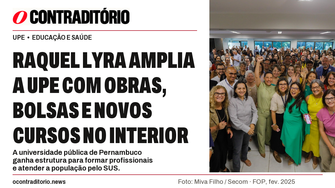 Raquel Lyra junto à comunidade universitária na inauguração da nova sede da FOP, em fevereiro de 2025. Título da matéria em composição editorial.